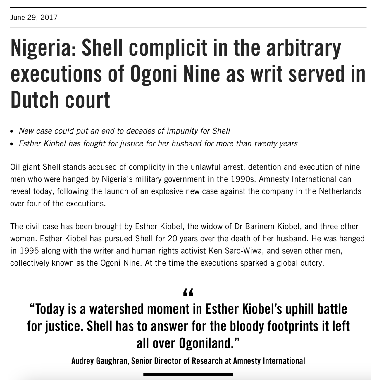 Amnesty International: Shell complicit in activist executions.